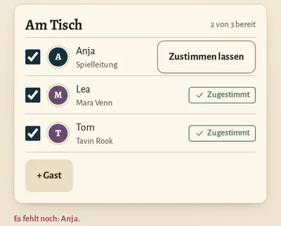App-Ausschnitt „Am Tisch“: Lea und Tom haben zugestimmt, bei Anja steht noch „Zustimmen lassen“.