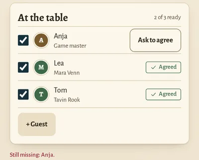 App excerpt “At the table”: Lea and Tom have consented, Anja still shows “Ask for consent”.