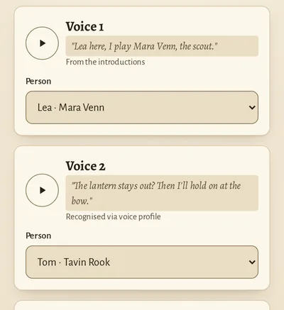App excerpt “Match voices”: voice 1 is Lea as Mara Venn, voice 2 is Tom as Tavin Rook.