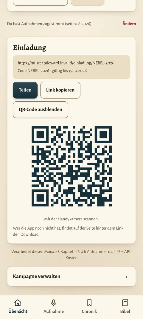 Taleward-App: Einladen am Tisch