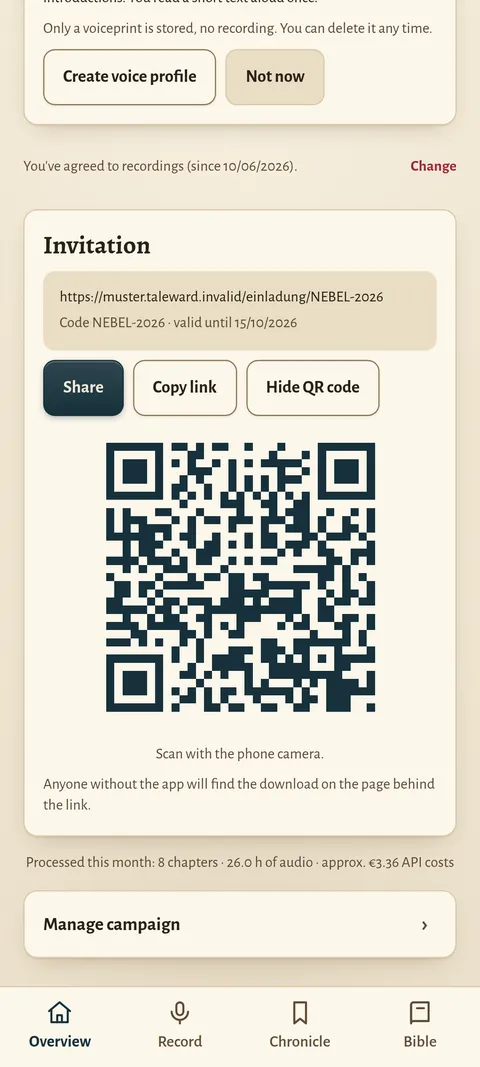 Taleward app: Invite at the table